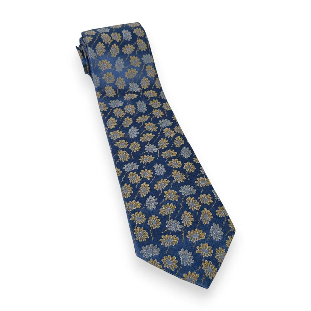 Hugo Boss Mens Silk Tie 57 x 3.5 Blue Gold Floral Italy Designer Spring Wedding